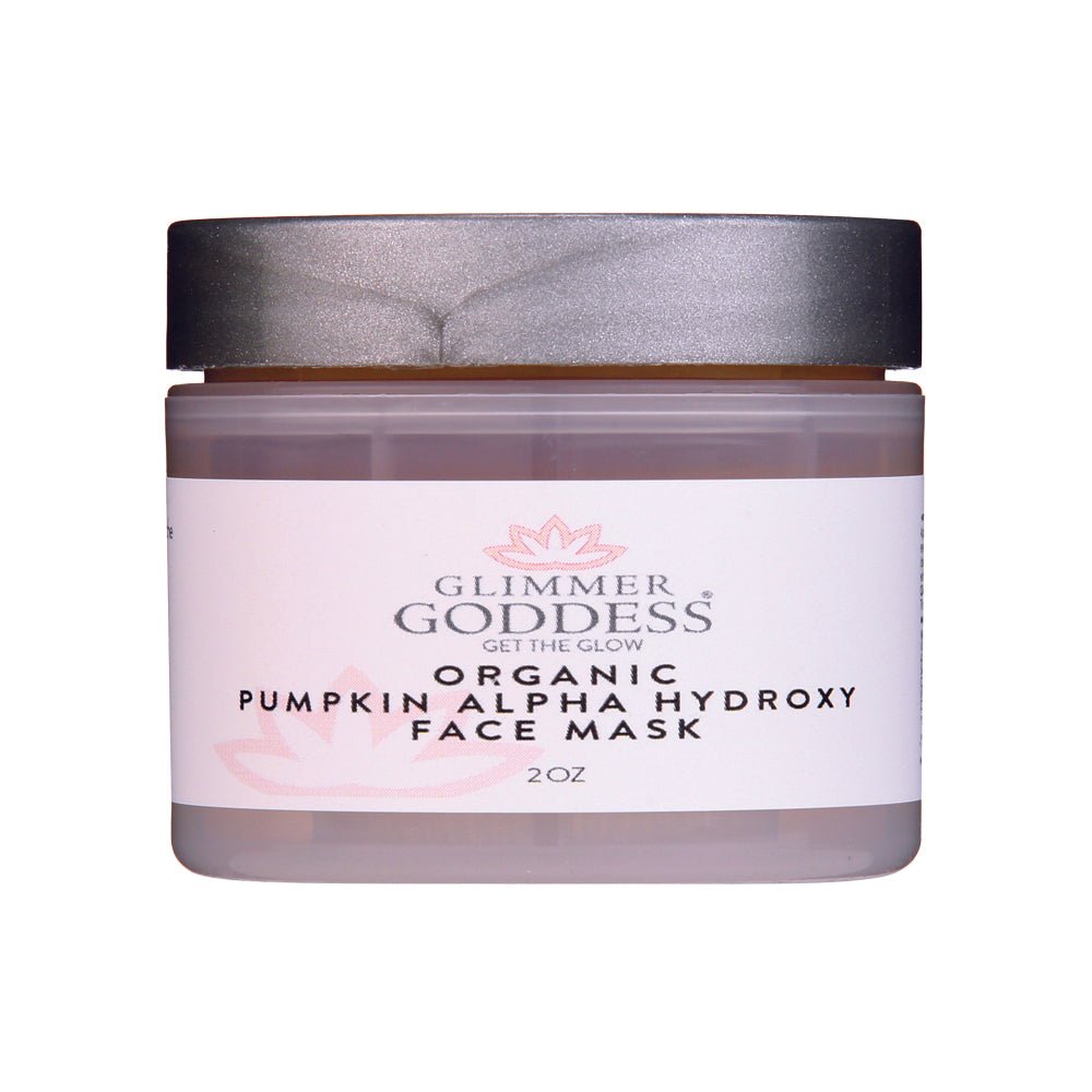 Organic Pumpkin AHA Face Mask by Glimmer Goddess in amber glass jar on a clean white surface