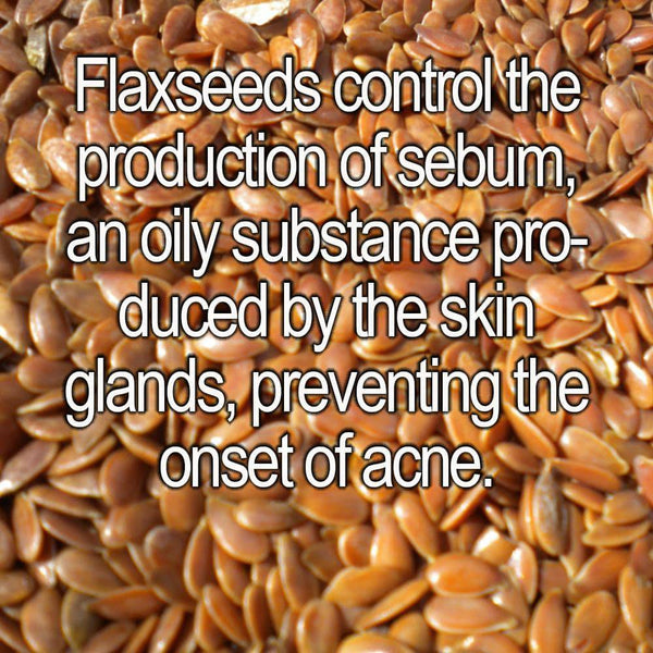 Close-up of flaxseeds with text about their benefits for acne prevention.