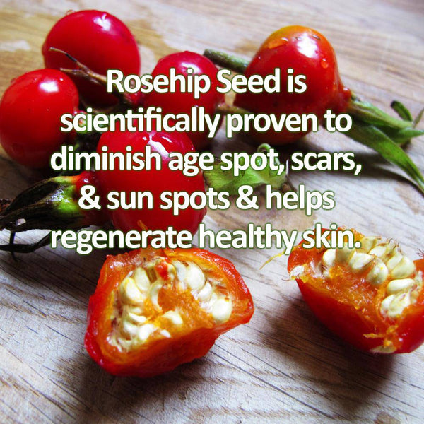 Rosehip seeds on a wooden surface with text about their skin benefits.
