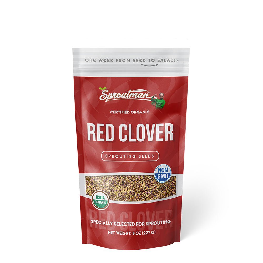 Organic Red Clover Sprouting Seed from Sproutman, front view of the pack
