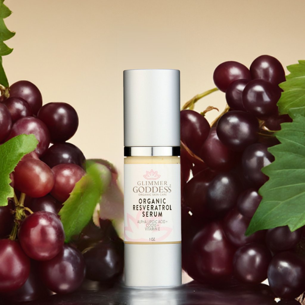 Organic resveratrol instant firming serum by Glimmer Goddess visibly smoothing fine lines on skin