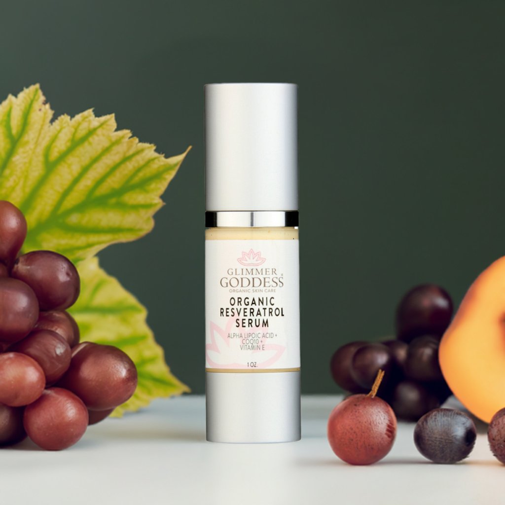 Close-up of Glimmer Goddess organic resveratrol serum texture — lightweight antioxidant formula for wrinkle smoothing
