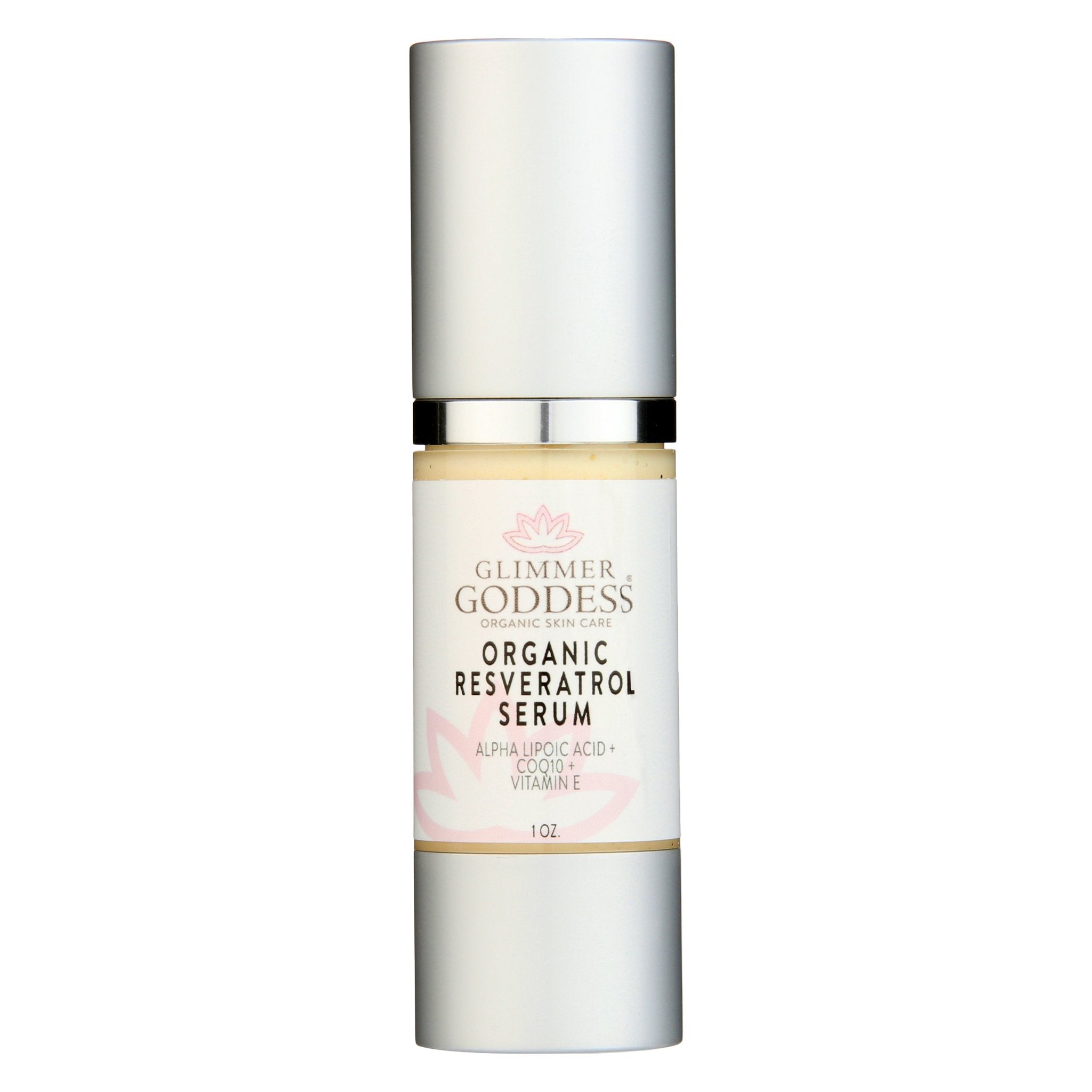 Glimmer Goddess organic resveratrol instant firming serum in airless pump bottle for fine lines and wrinkles