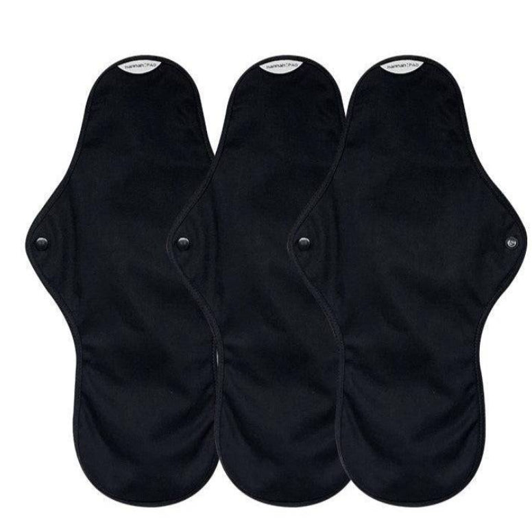 hannahPAD organic reusable overnight pads in black – pack of 3 cloth pads with snap fastening