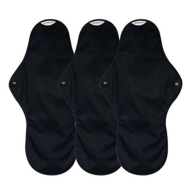 hannahPAD organic reusable overnight pads in black – pack of 3 cloth pads with snap fastening