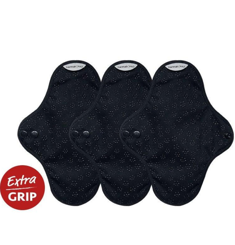 hannahPAD organic reusable pantyliners in black set of 3, unbleached fabric with TPU leak-proof lining and non-slip silicone backing