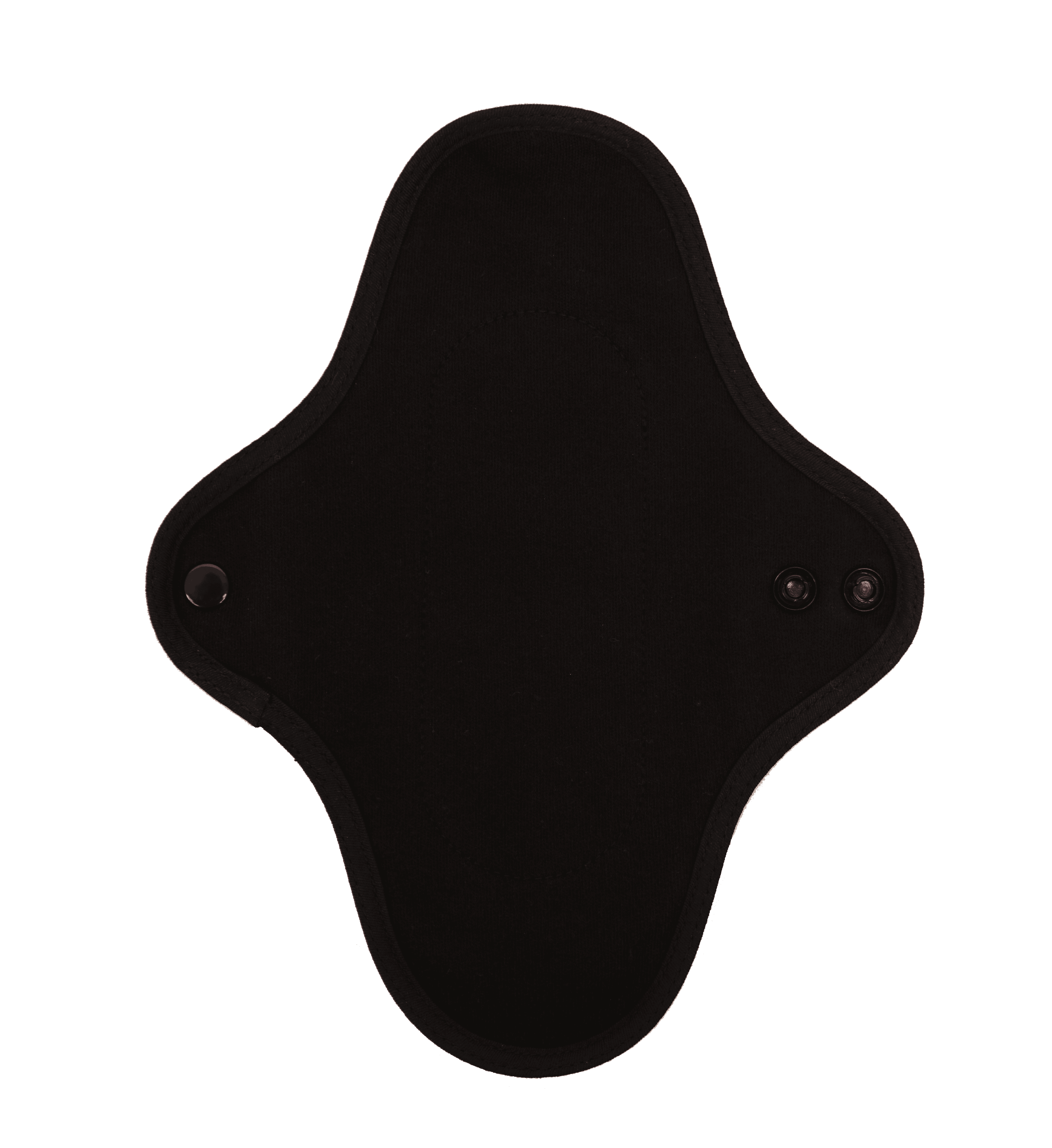 Close-up of hannahPAD black reusable pantyliner showing recyclable plastic snaps and breathable organic fabric detail