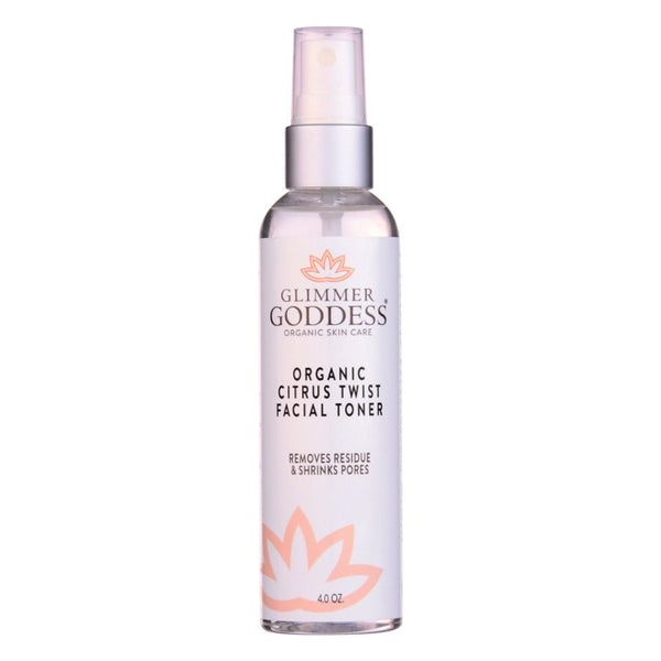 Glimmer Goddess organic rose water citrus twist facial toner bottle with witch hazel and aloe vera