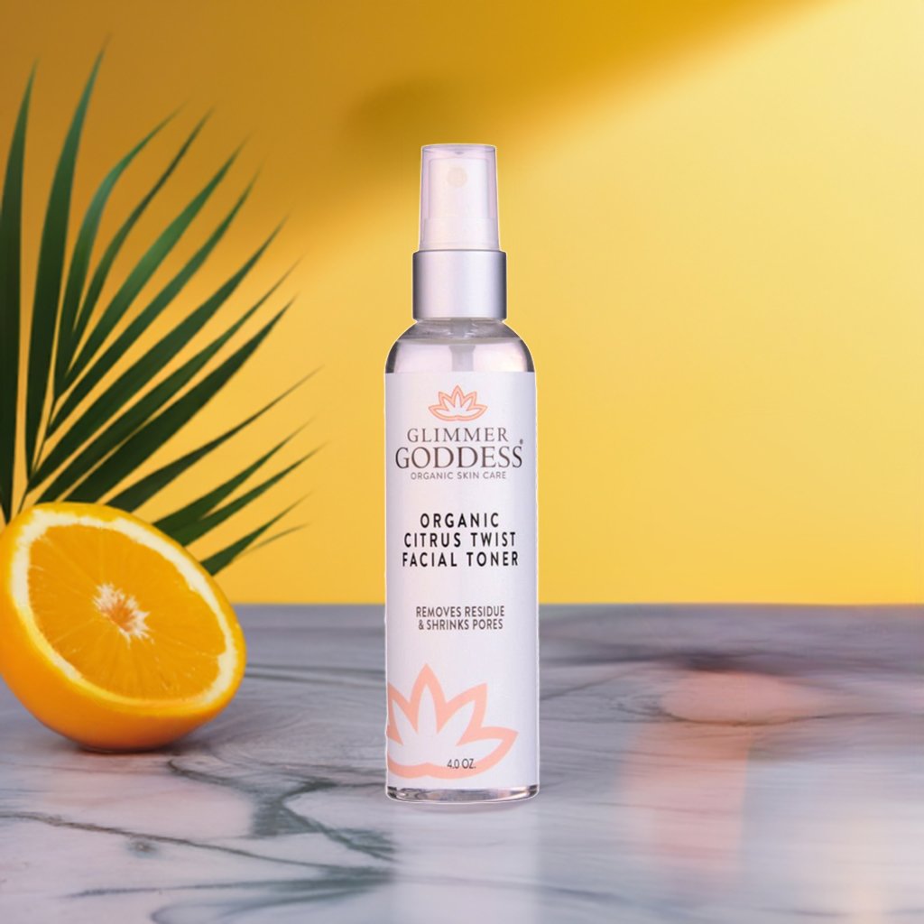 Glimmer Goddess rose water citrus twist facial toner handcrafted in Texas, flat lay product shot