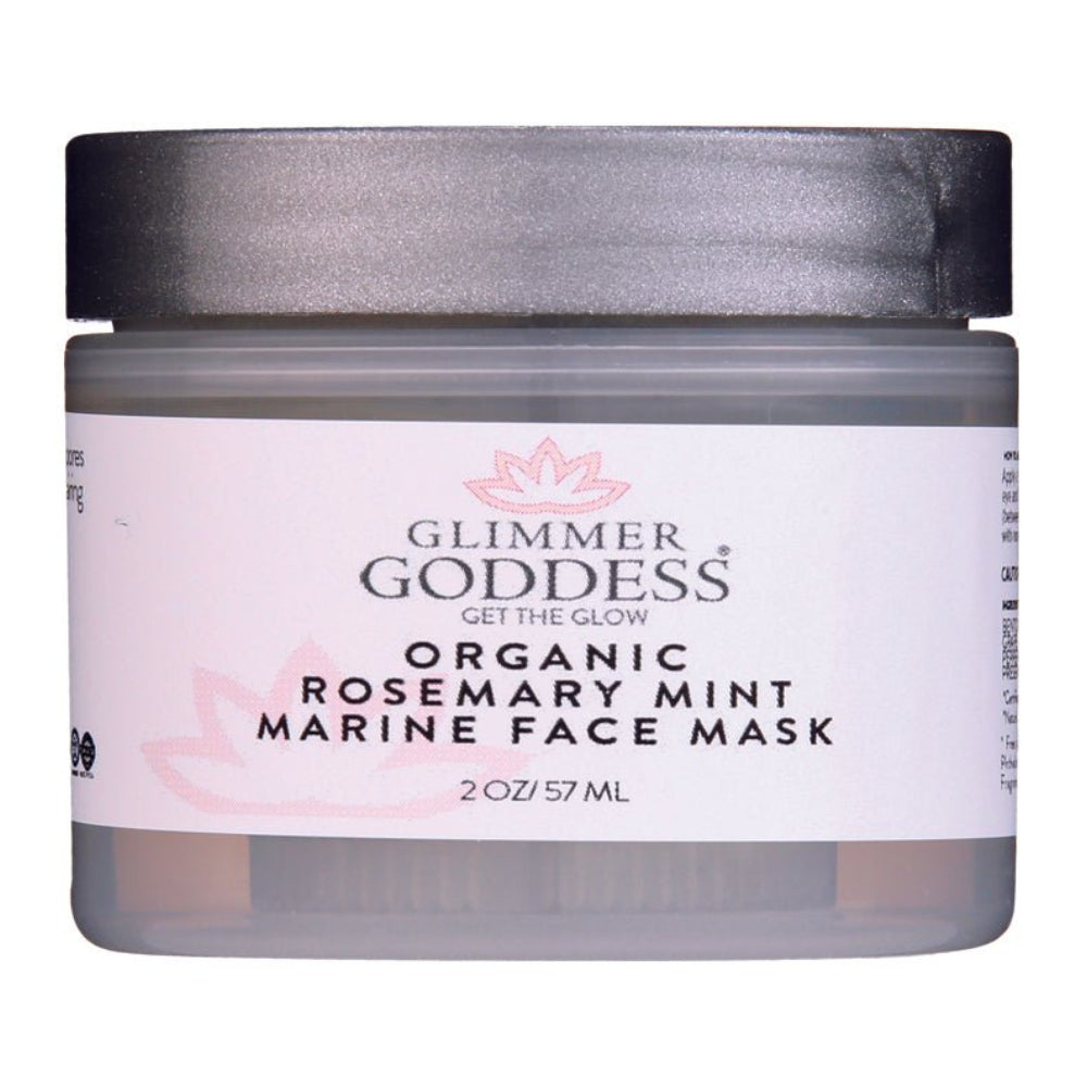 Organic Rosemary Mint Algae Face Mask for acne and rosacea by Glimmer Goddess in a jar on a clean background