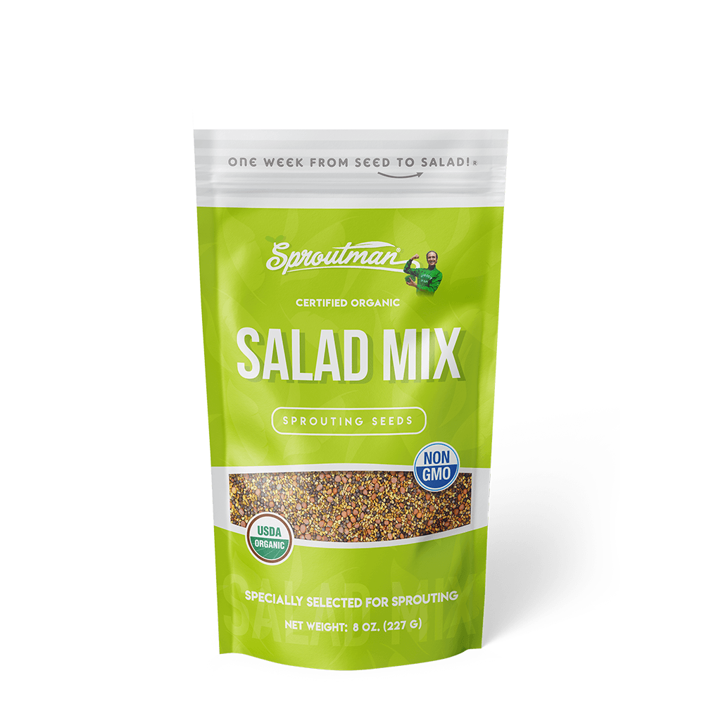 Sproutman Organic Salad Mix Sprouting Seed pack, a blend of alfalfa, red clover, radish and broccoli seeds