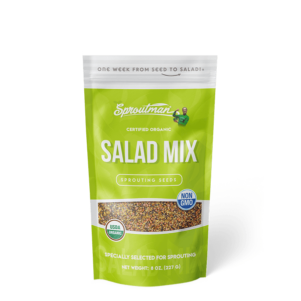 Sproutman Organic Salad Mix Sprouting Seed pack, a blend of alfalfa, red clover, radish and broccoli seeds