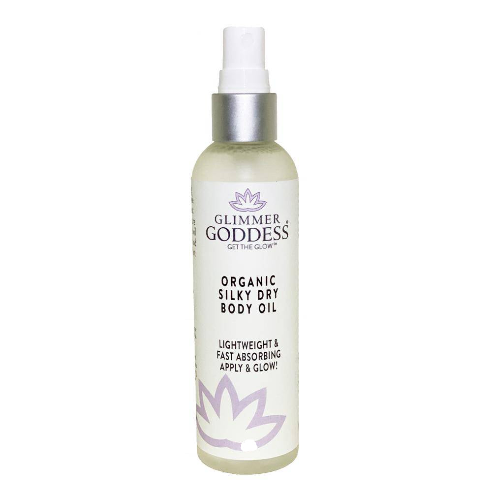 Glimmer Goddess Organic Silky Dry Body Oil 4 oz bottle on clean white background