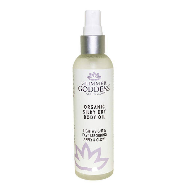 Glimmer Goddess Organic Silky Dry Body Oil 4 oz bottle on clean white background