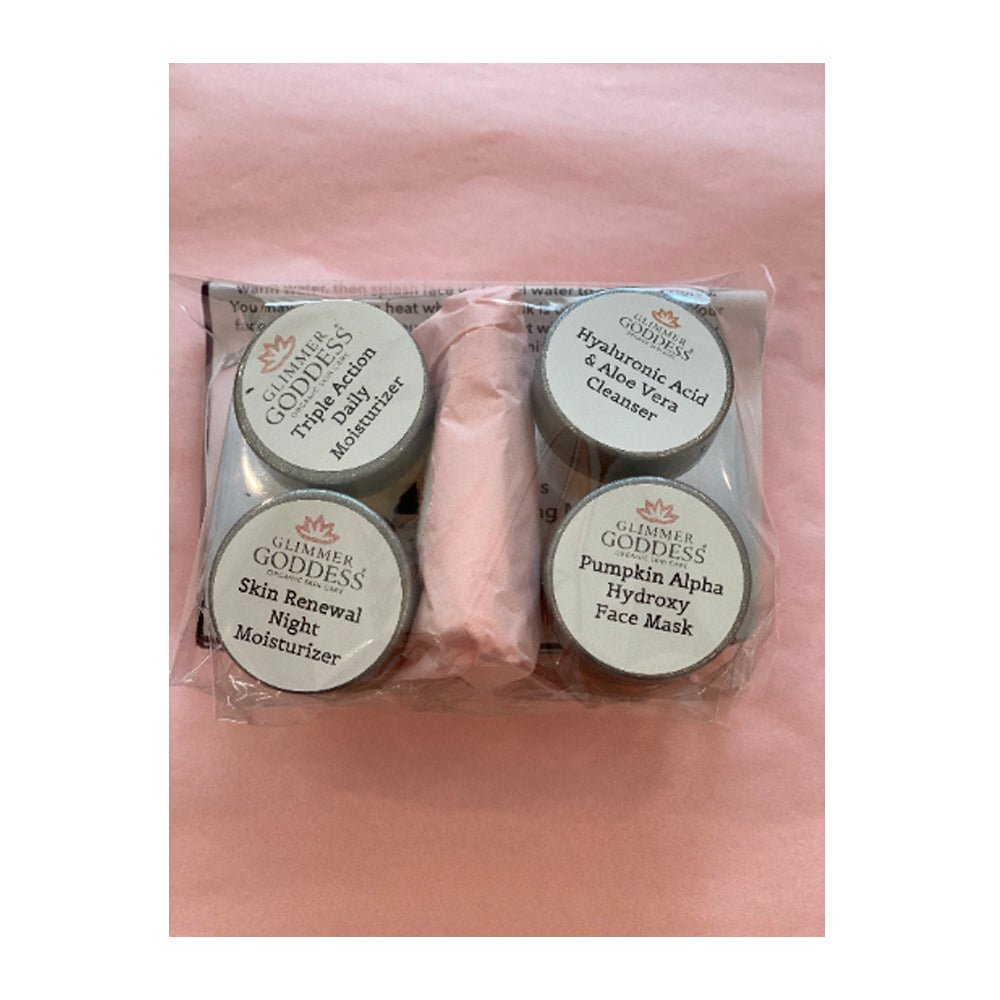 Glimmer Goddess organic anti-aging skin care trial set with 5 best-selling travel-size products and bonus face mask