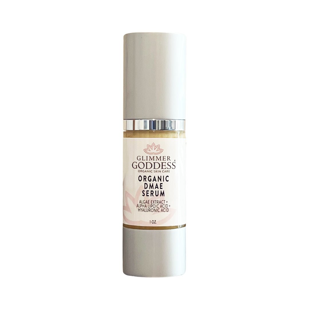 Organic DMAE firming serum bottle by Glimmer Goddess with alpha lipoic acid for skin tightening and lift