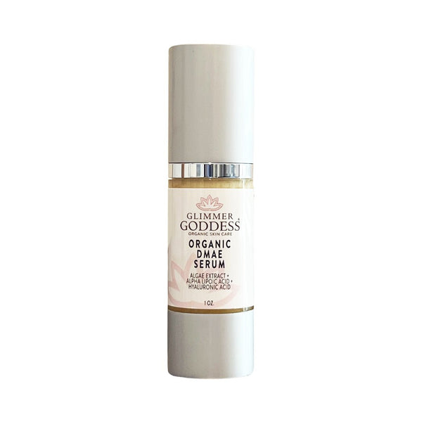 Organic DMAE firming serum bottle by Glimmer Goddess with alpha lipoic acid for skin tightening and lift