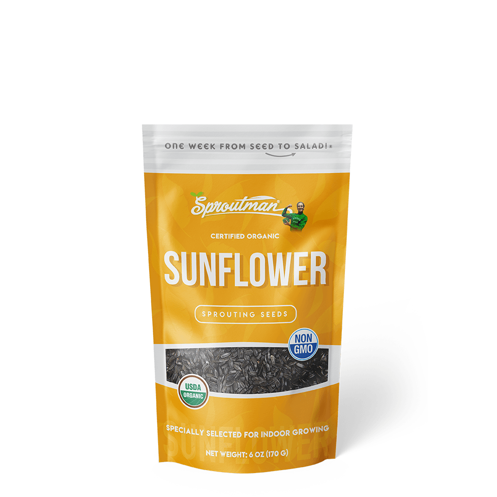 Organic Sunflower Sprouting Seed from Sproutman, front view of the product