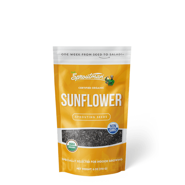 Organic Sunflower Sprouting Seed from Sproutman, front view of the product