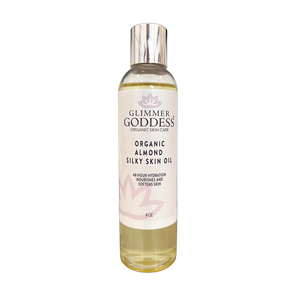 Glimmer Goddess Organic Sweet Almond Silky Skin Oil bottle for 48-hour body hydration