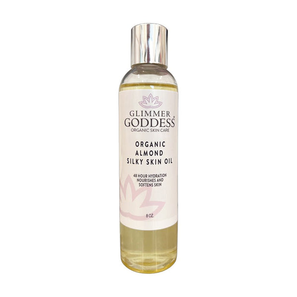 Glimmer Goddess Organic Sweet Almond Silky Skin Oil bottle for 48-hour body hydration