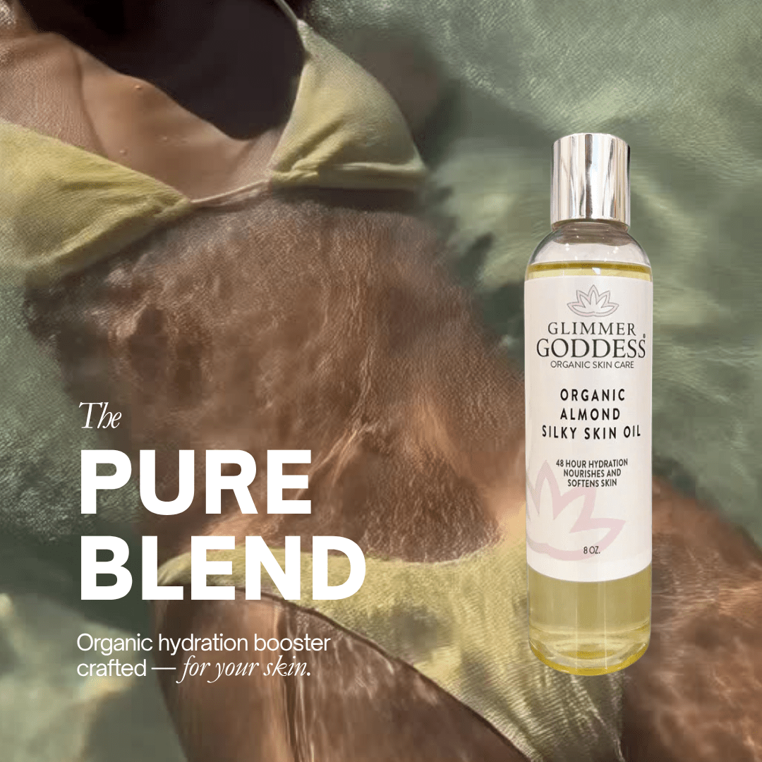 Close-up of Glimmer Goddess Silky Skin Oil showing certified organic and vegan label