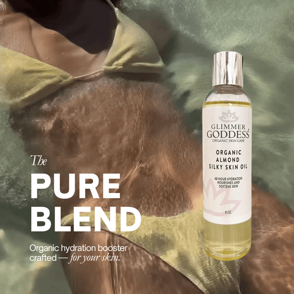 Close-up of Glimmer Goddess Silky Skin Oil showing certified organic and vegan label