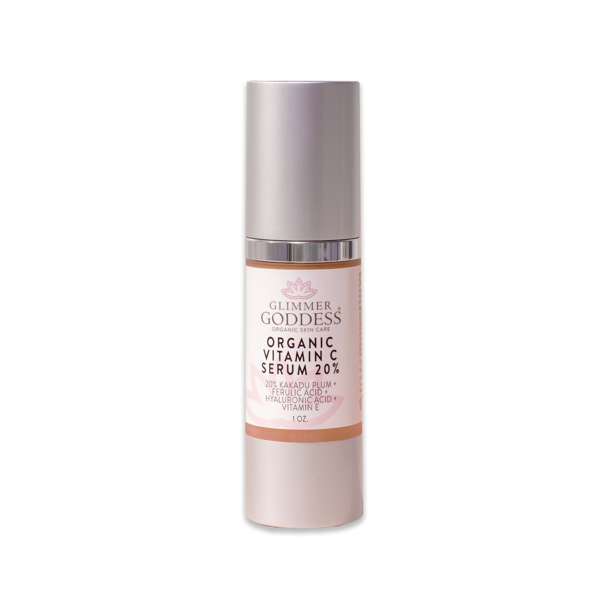 Close-up of Glimmer Goddess Vitamin C anti-aging kit products – vegan, cruelty-free dark spot correcting set