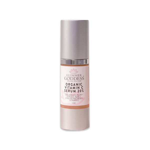 Close-up of Glimmer Goddess Vitamin C anti-aging kit products – vegan, cruelty-free dark spot correcting set