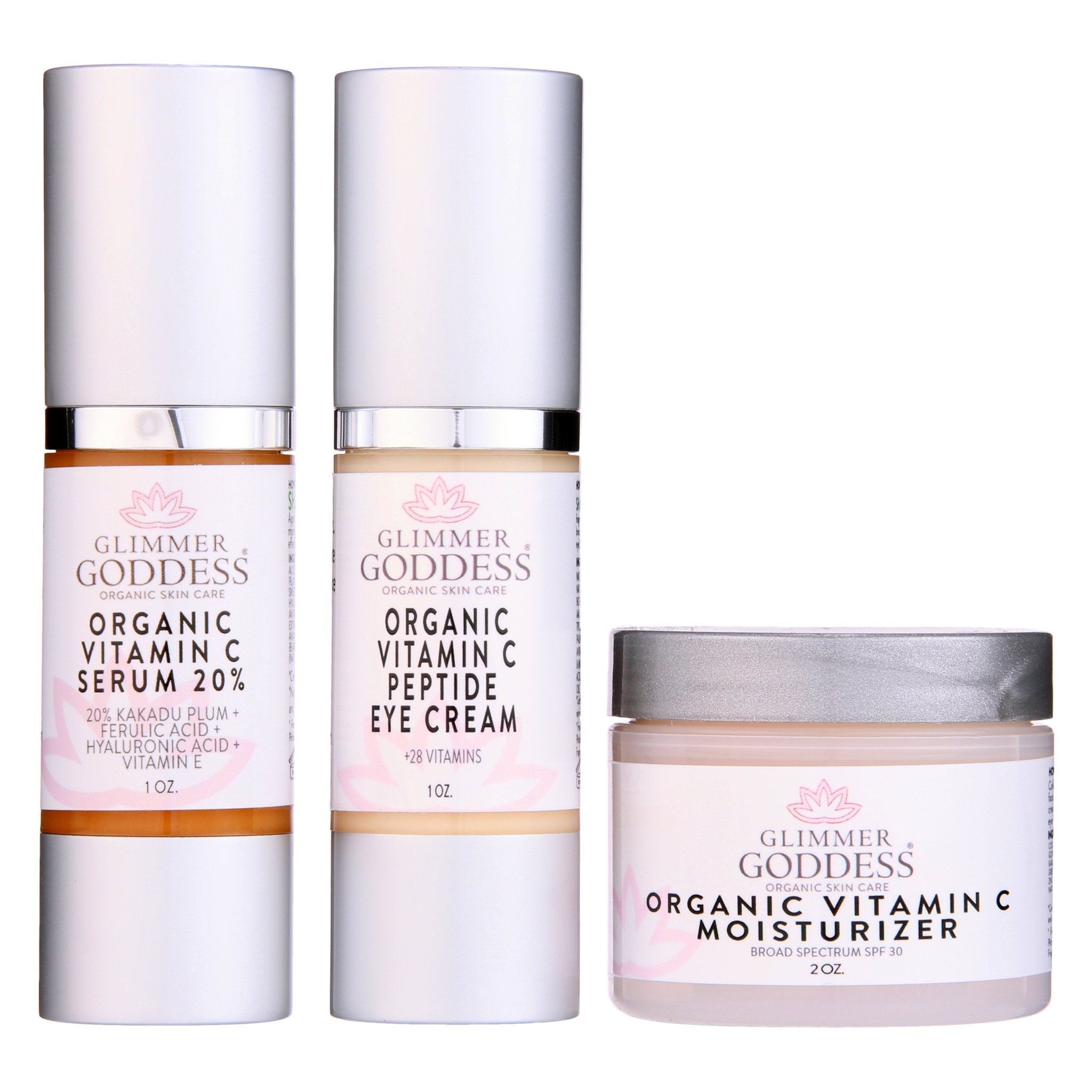 Glimmer Goddess 3-Step Vitamin C Anti-Aging Kit – organic brightening skincare set for dark spots and uneven skin tone