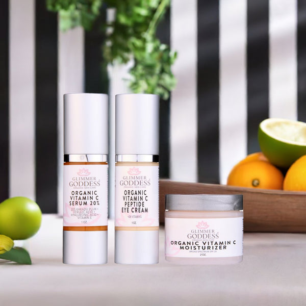 Organic Vitamin C brightening skincare kit by Glimmer Goddess – 3-step anti-aging system handcrafted in Texas