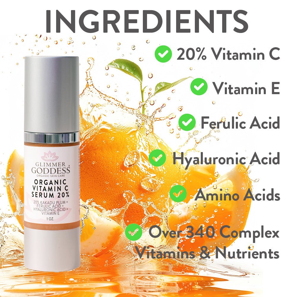 Organic brightening vitamin C serum by Glimmer Goddess displayed on a clean skincare flatlay