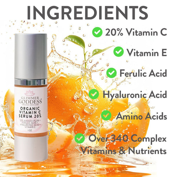 Organic brightening vitamin C serum by Glimmer Goddess displayed on a clean skincare flatlay
