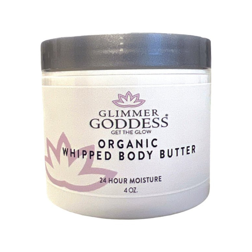 Glimmer Goddess organic whipped body butter 4 oz travel size jar with white whipped texture