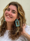 Oversized blue rectangle beaded earrings handmade by Fair Anita artisans