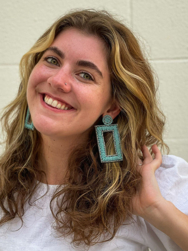 Oversized blue rectangle beaded earrings handmade by Fair Anita artisans