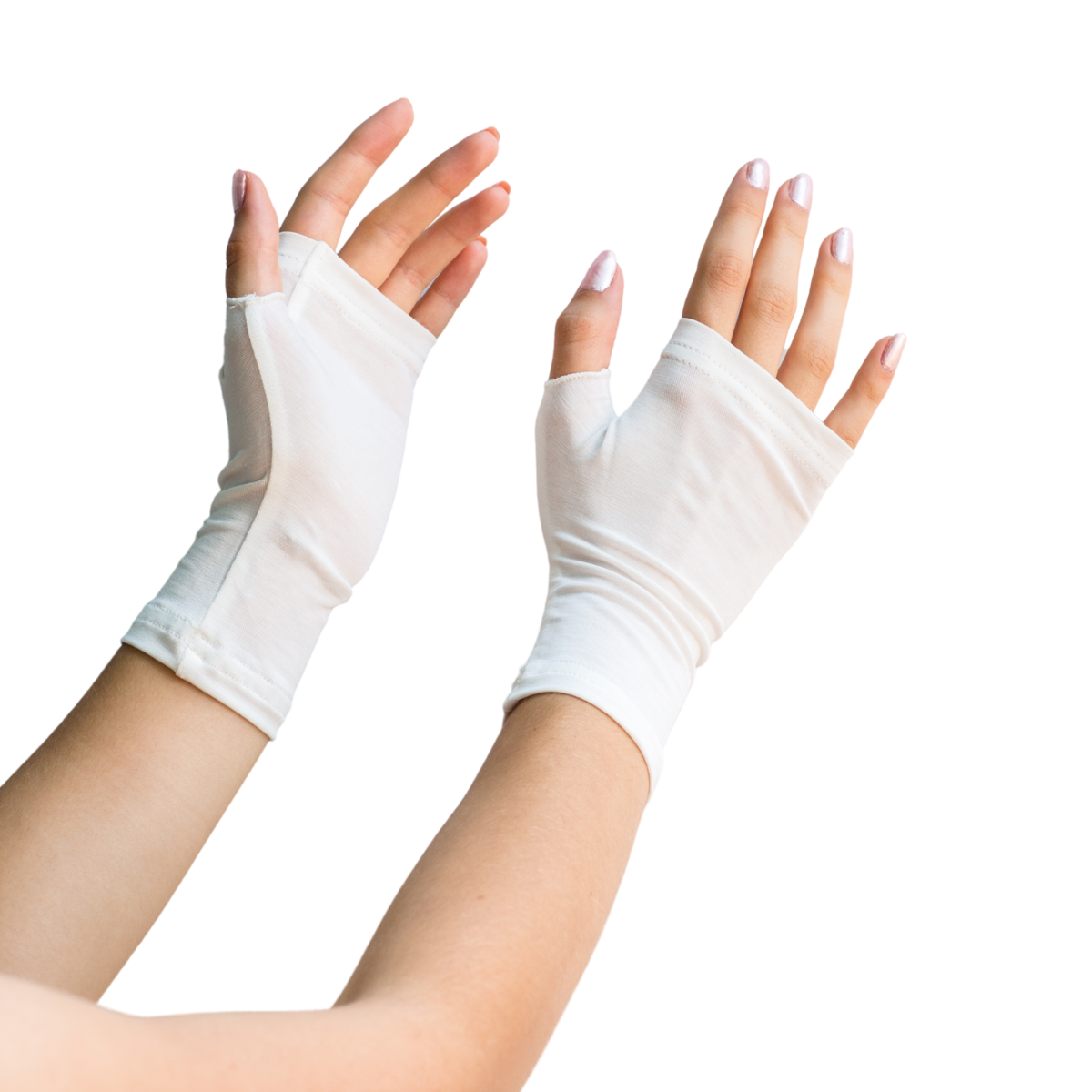 Close-up of Remedywear fingerless gloves on adult hands showing palm eczema coverage and fit