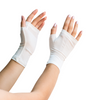 Close-up of Remedywear fingerless gloves on adult hands showing palm eczema coverage and fit