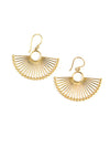 Close-up of gold palm leaf fan earrings made from recycled materials – handmade fair trade jewellery