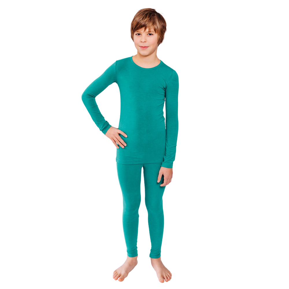 Child wearing Remedywear eczema long pants and matching long sleeve shirt for full-body eczema coverage