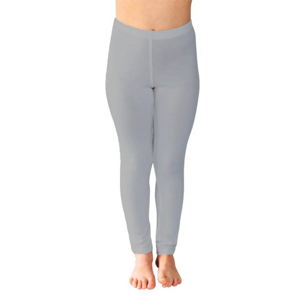 Remedywear kids eczema long pants in grey showing reversible design and stretchy legging-style fit