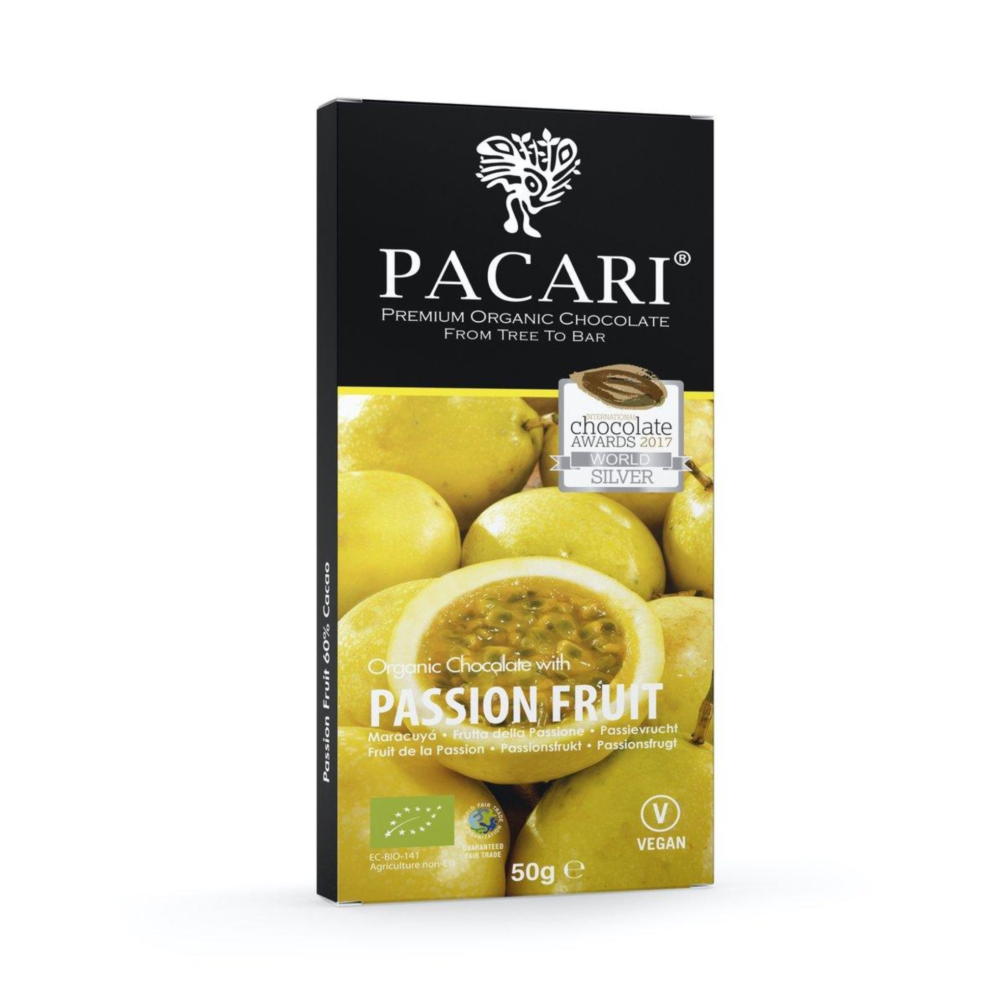 Pacari passion fruit chocolate bar packaging on a white background