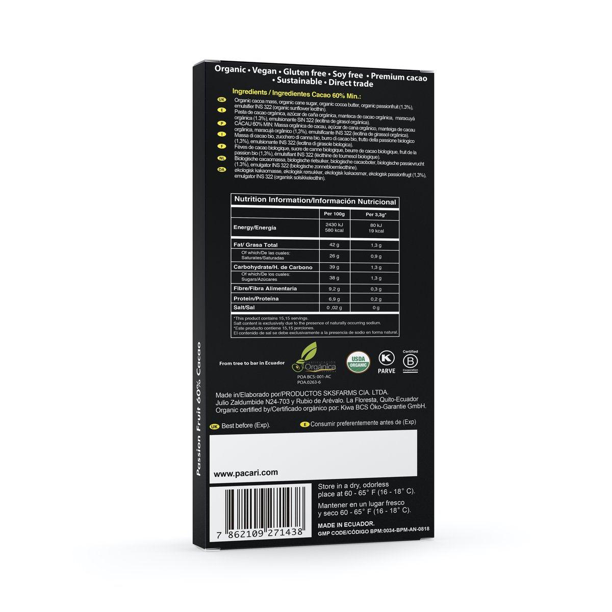 Back of a black packaging box with nutritional information and branding on a white background
