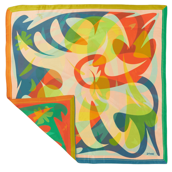 Flat lay of Patient Fire silk furoshiki wrap showing full 90cm square print design by artist Essery Waller