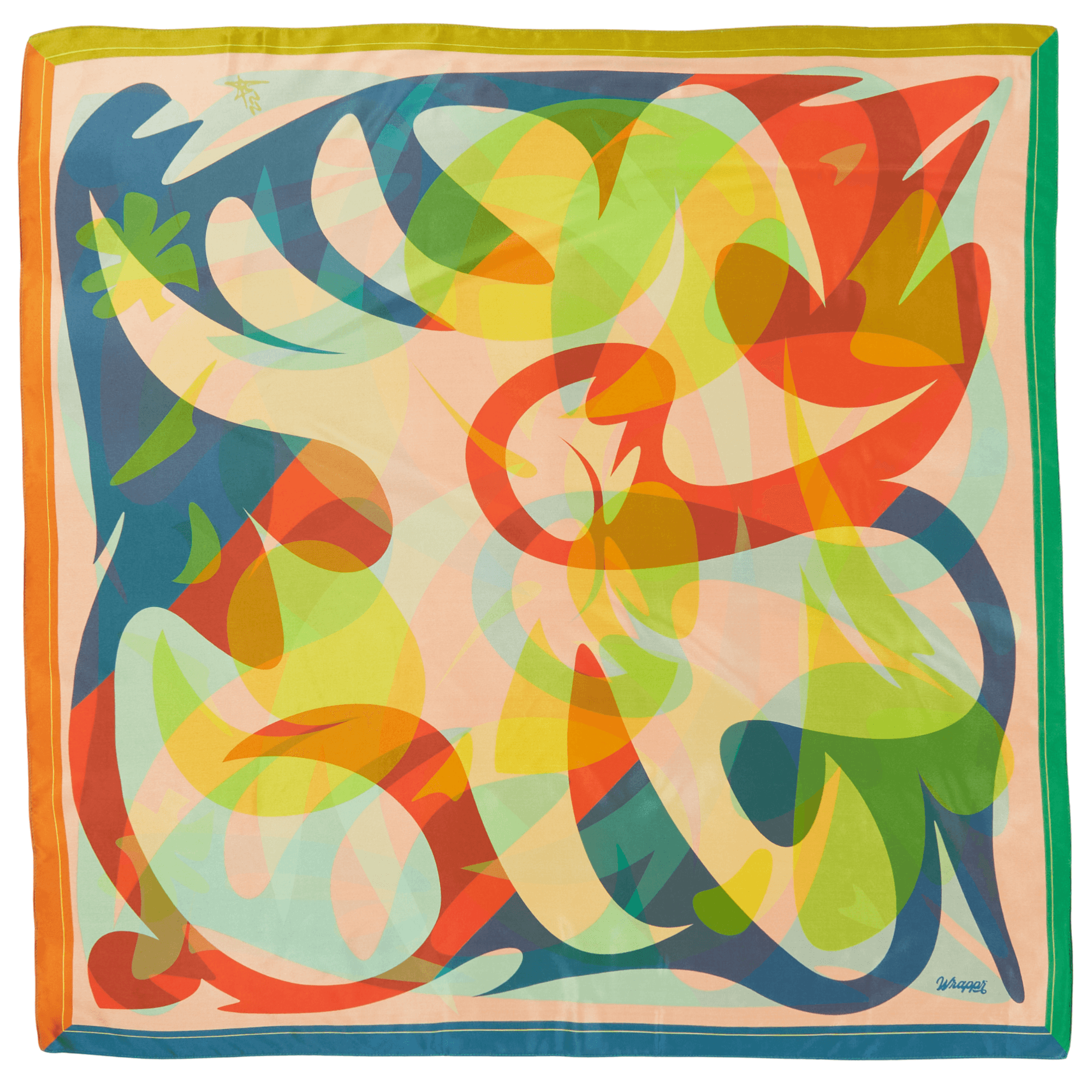 Colorful abstract design on a square scarf with a deer-like figure.