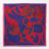 Square scarf with red and blue abstract design on a white background