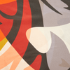 Abstract art with geometric shapes in red, black, white, and orange on a beige background