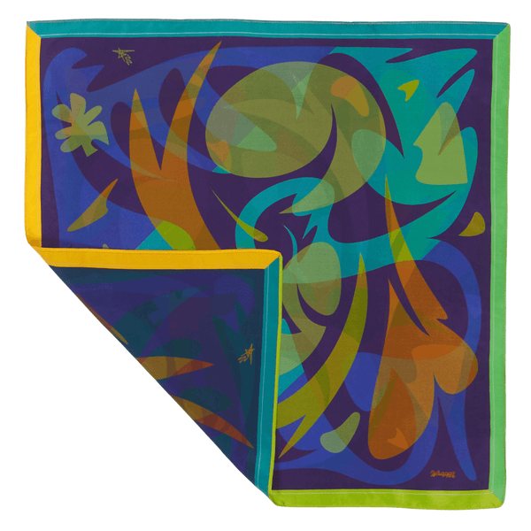 Patient Shadow 18 inch mulberry silk furoshiki gift wrap by Essery Waller for Wrappr, folded flat showing full artwork print