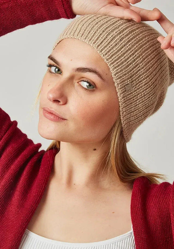 Textured pearl white 100% baby alpaca beanie hat, front view