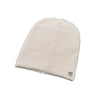 Pearl white baby alpaca beanie hat styled on model, side view